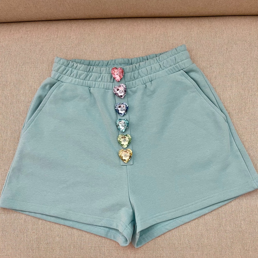 Queen of Sparkles Aqua Heart Button Shorts - size small